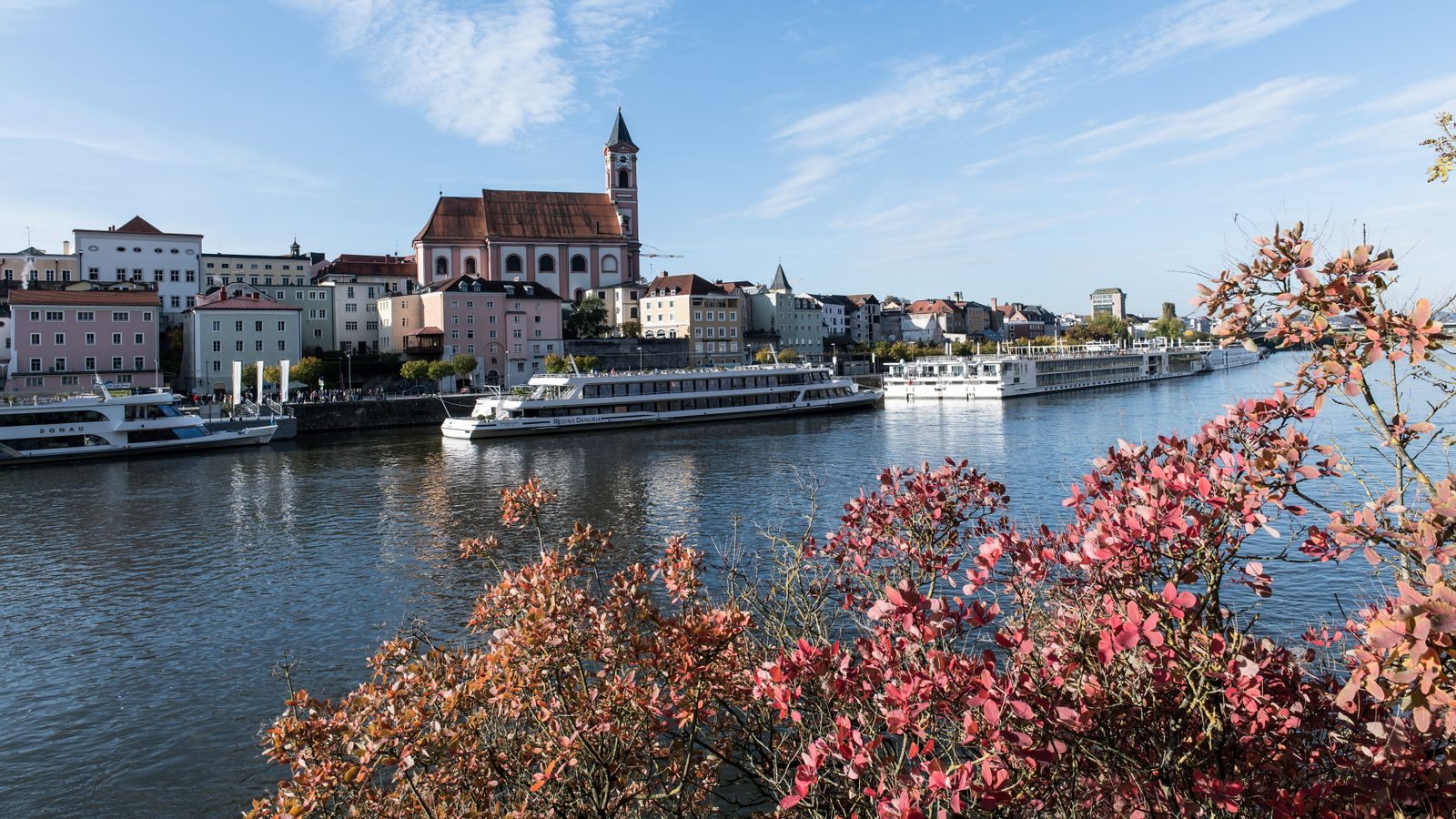 River cruise ships lined up along the Passau waterfront below its baroque church, framed by autumn leaves